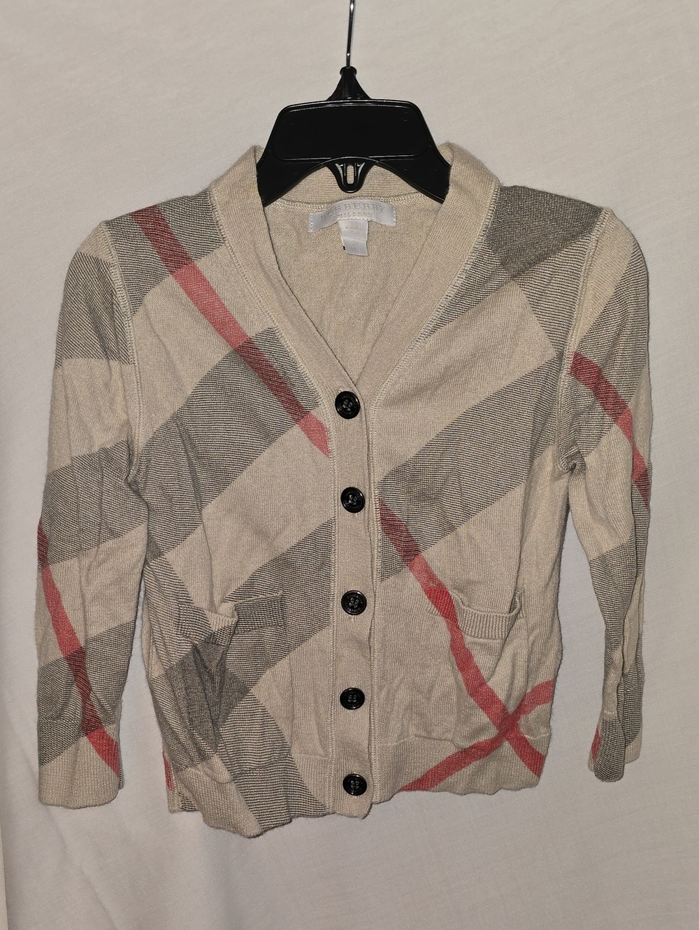 Burberry Beige Plaid Cardigan with Red Stripe